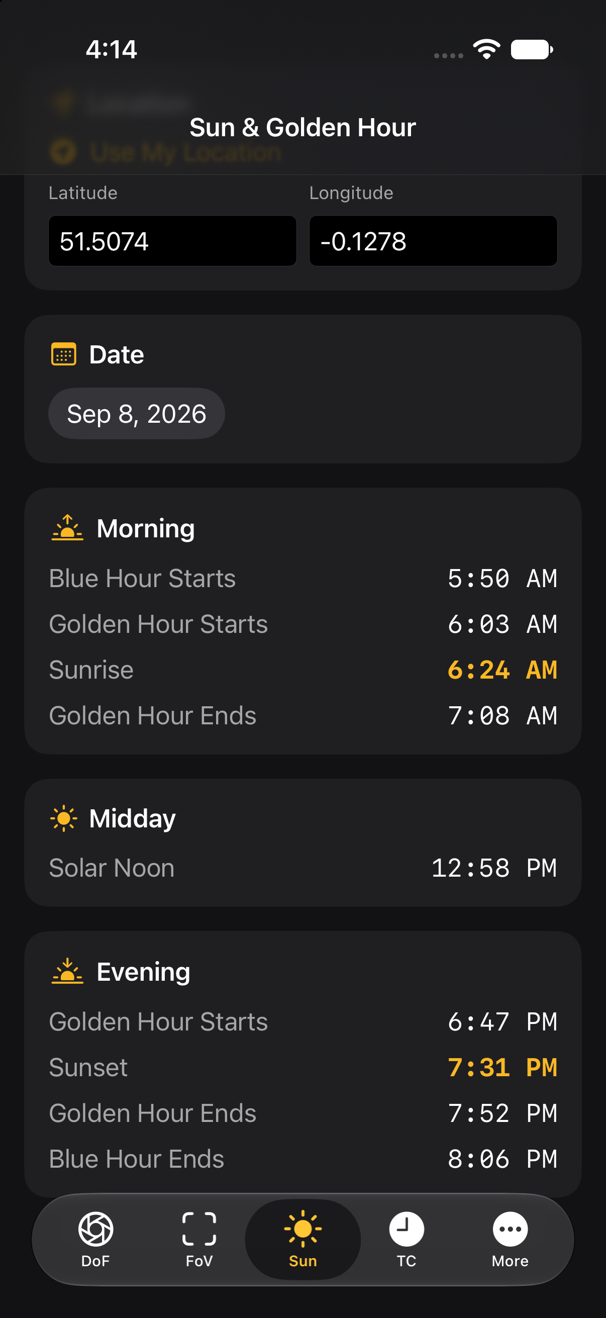 Sun and golden hour calculator for a chosen location and date
